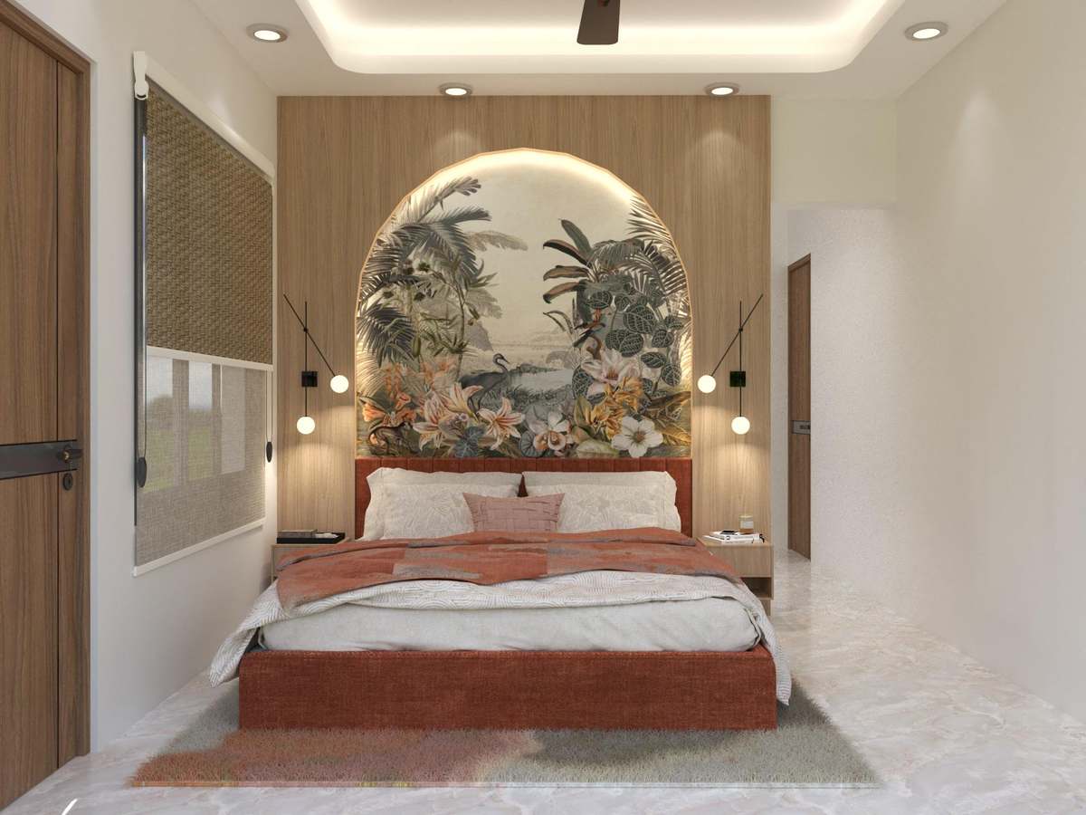 Bedroom with an arched tropical mural behind a terracotta upholstered bed, walnut wall panels, pendant lights and a cove-lit ceiling