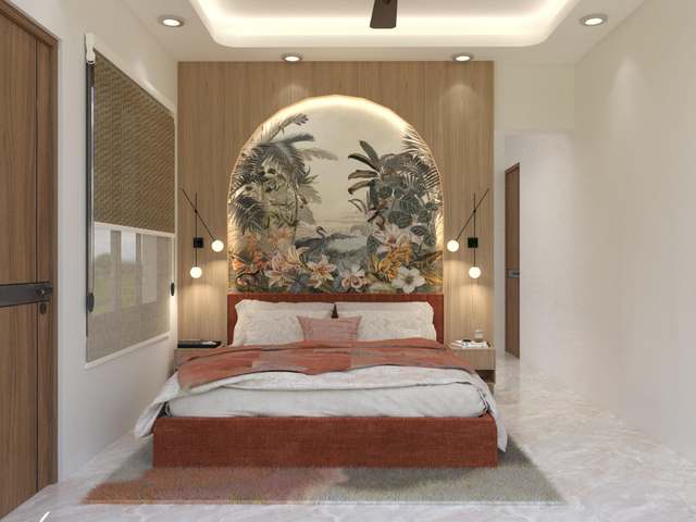 Bedroom with an arched tropical mural behind a terracotta upholstered bed, walnut wall panels, pendant lights and a cove-lit ceiling