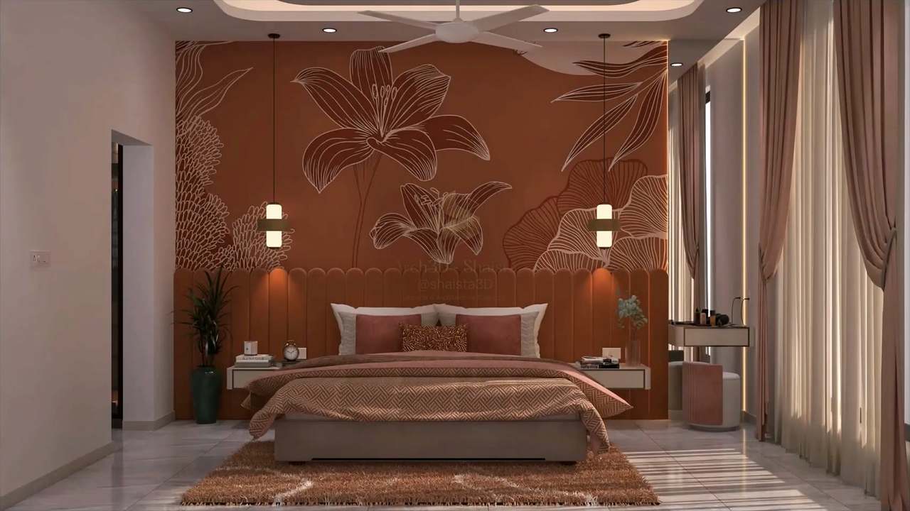 Contemporary bedroom with a burnt-terracotta feature wall hand-drawn with blush line-art lilies, a full-width scalloped channel-tufted headboard, glowing cylinder pendants, a rose-and-copper chevron bedspread, a shaggy rust rug, dusty-pink drapes and a vanity nook on grey marble.