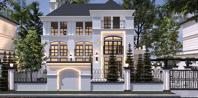 Closer elevation of the white neoclassical villa: slender fluted pilasters, black-mullioned arched French windows glowing amber, a coffered garage arch rimmed in warm LED and a black lattice gate under palms and pines.