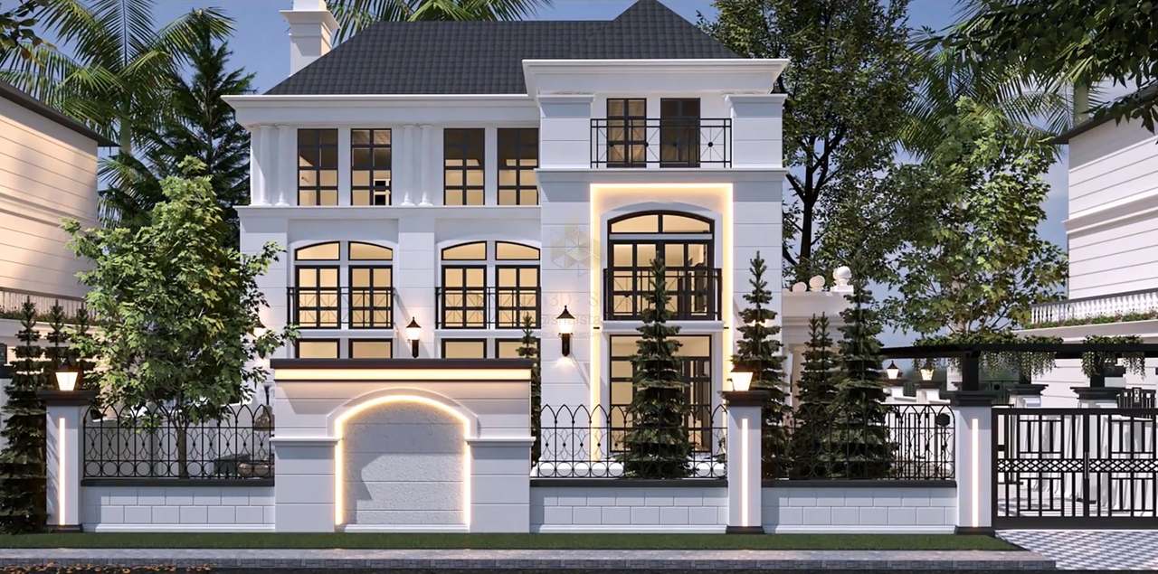 Closer elevation of the white neoclassical villa: slender fluted pilasters, black-mullioned arched French windows glowing amber, a coffered garage arch rimmed in warm LED and a black lattice gate under palms and pines.