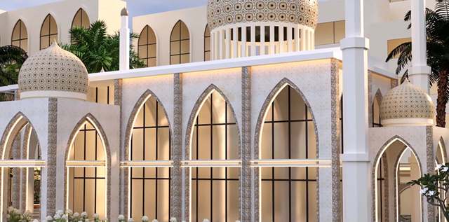 Close daylight study of the mosque facade: carved white stucco with mosaic-banded pilasters, pointed-arch windows with black mullions and LED-lit reveals, and two lattice-perforated onion domes against palms.