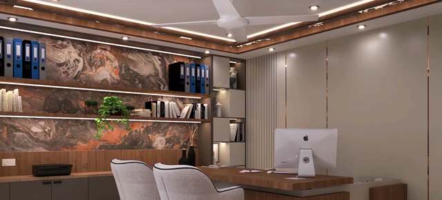 Closer view of the cabin's LED-lit walnut shelves set against rust-veined marbled stone, rows of blue and black box files, trailing pothos and a white ceiling fan in a wood-edged cove ceiling, with tweed tub chairs drawn up to the walnut desk.