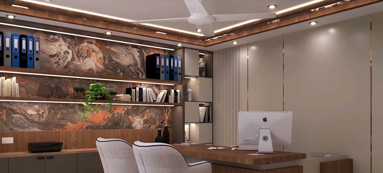 Closer view of the cabin's LED-lit walnut shelves set against rust-veined marbled stone, rows of blue and black box files, trailing pothos and a white ceiling fan in a wood-edged cove ceiling, with tweed tub chairs drawn up to the walnut desk.