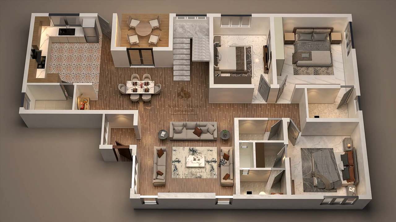 Near top-down rendered floor plan with a walnut-floored open living and dining hall, coral-and-grey encaustic kitchen tiles, white marble bedrooms with grey upholstered beds and a timber-decked balcony seating nook, softly lit against a taupe ground.